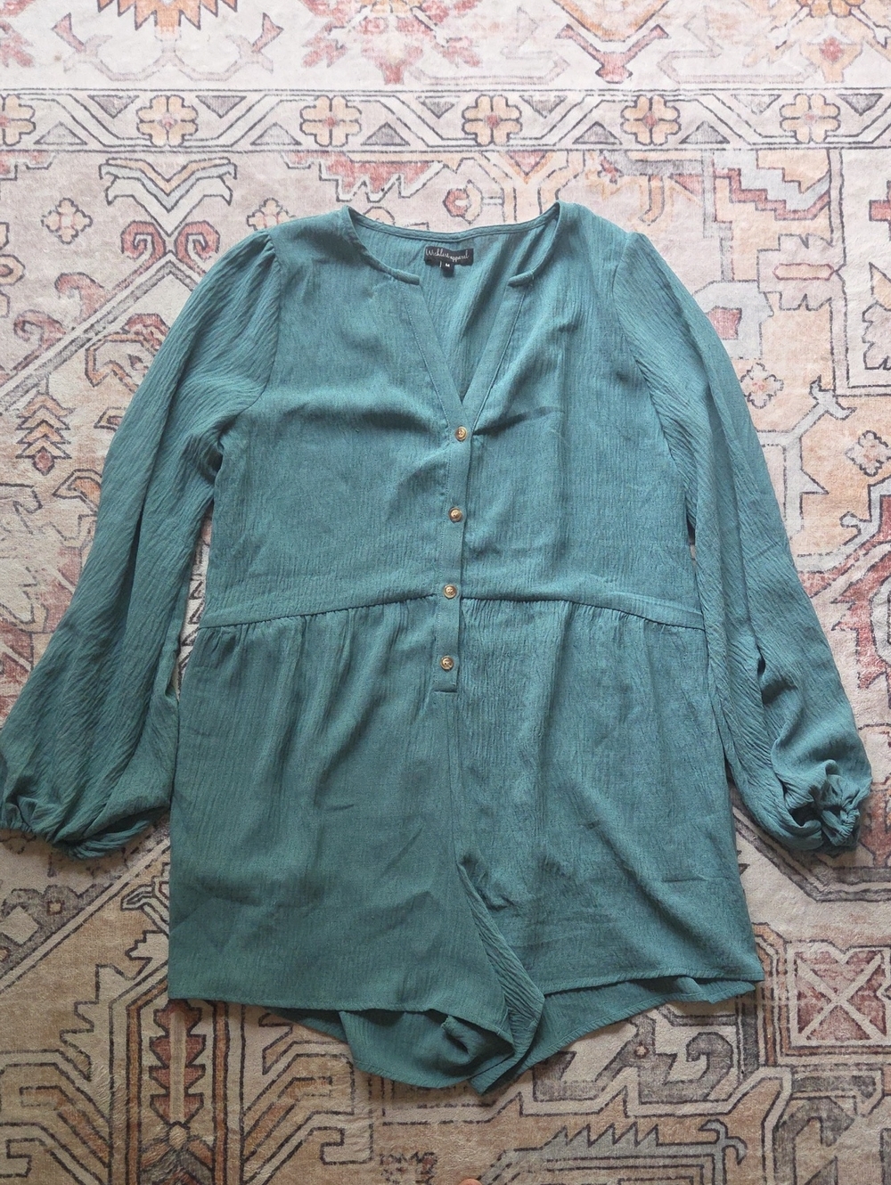 Woven Textured Teal Romper with Button Front